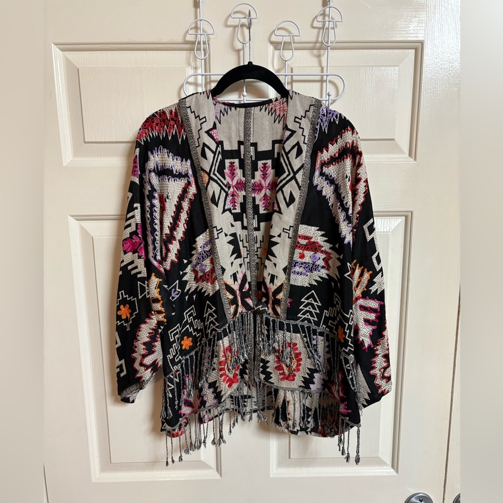 Patterns Bay Embroidered Aztec Boho Fringe Crop Cardigan